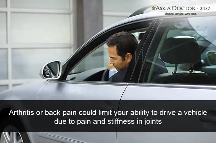 man siting on driver seat and managing drive with pain=